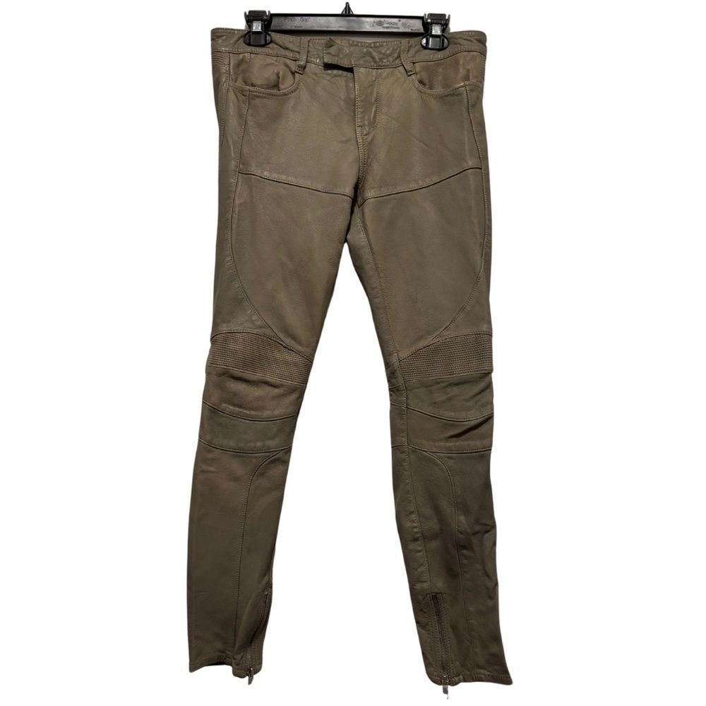 All Saints Italian Leather Biker Trouser in Olive Green Taupe Moss Khaki